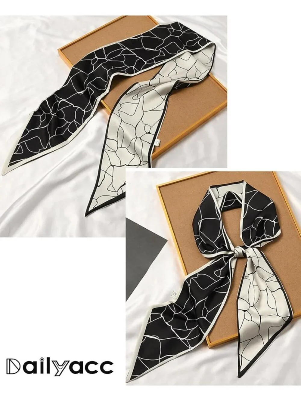 Women's Black White Stylish Silky Satin Headscarf Wrap Lightweight Scarves Scarf
